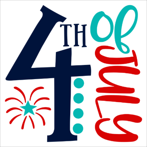 4th of July text with fireworks graphic on a white background