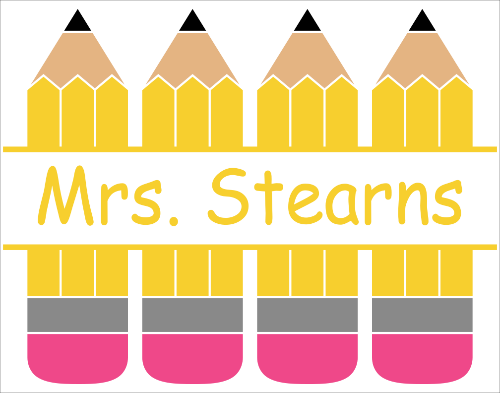 Decorative title card with yellow pencils and  customized name text on a white background